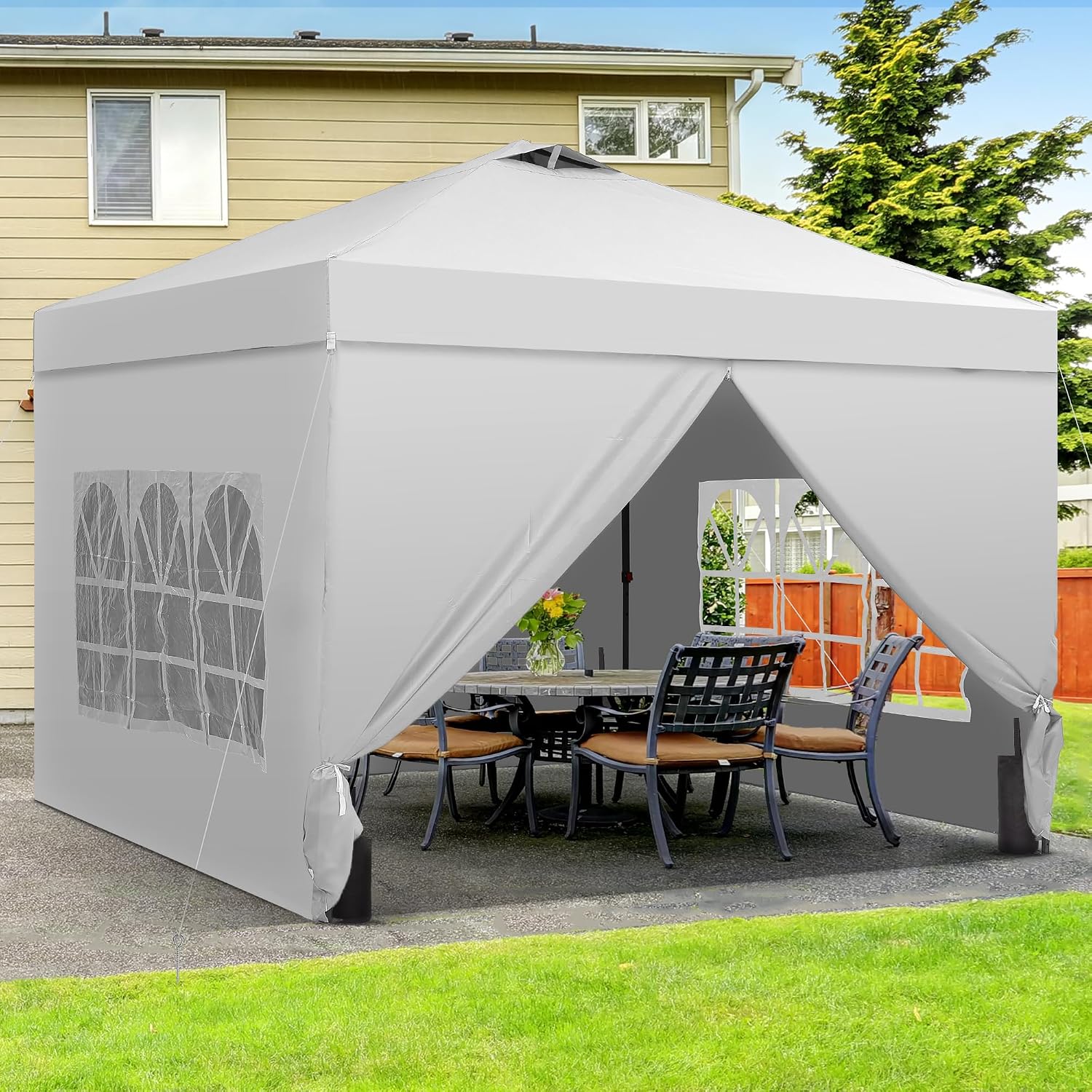10x10 Pop Up Canopy Tent with One Push Setup, Portable Sun Shade Tent, Instant Easy Up Canopy with 4-Sidewalls & Wheeled Bag, Outdoor Fldable Gazebo with Vent Top, White.