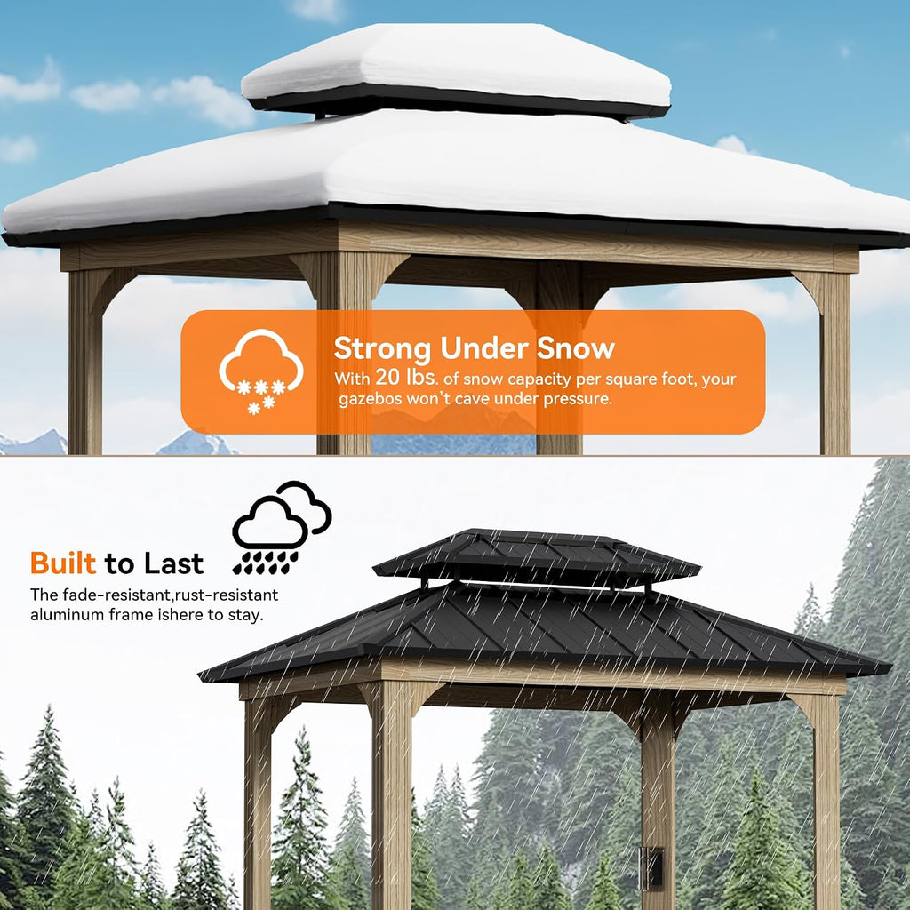 Big Leaf 6' x 8' Grill Gazebo with Aluminum Frame, Galvanized Steel Roof, Side Shelves, Paper Towel Holder, and USB/USB-C Charging Ports – Ideal BBQ Canopy for Patio，Wood-Looking