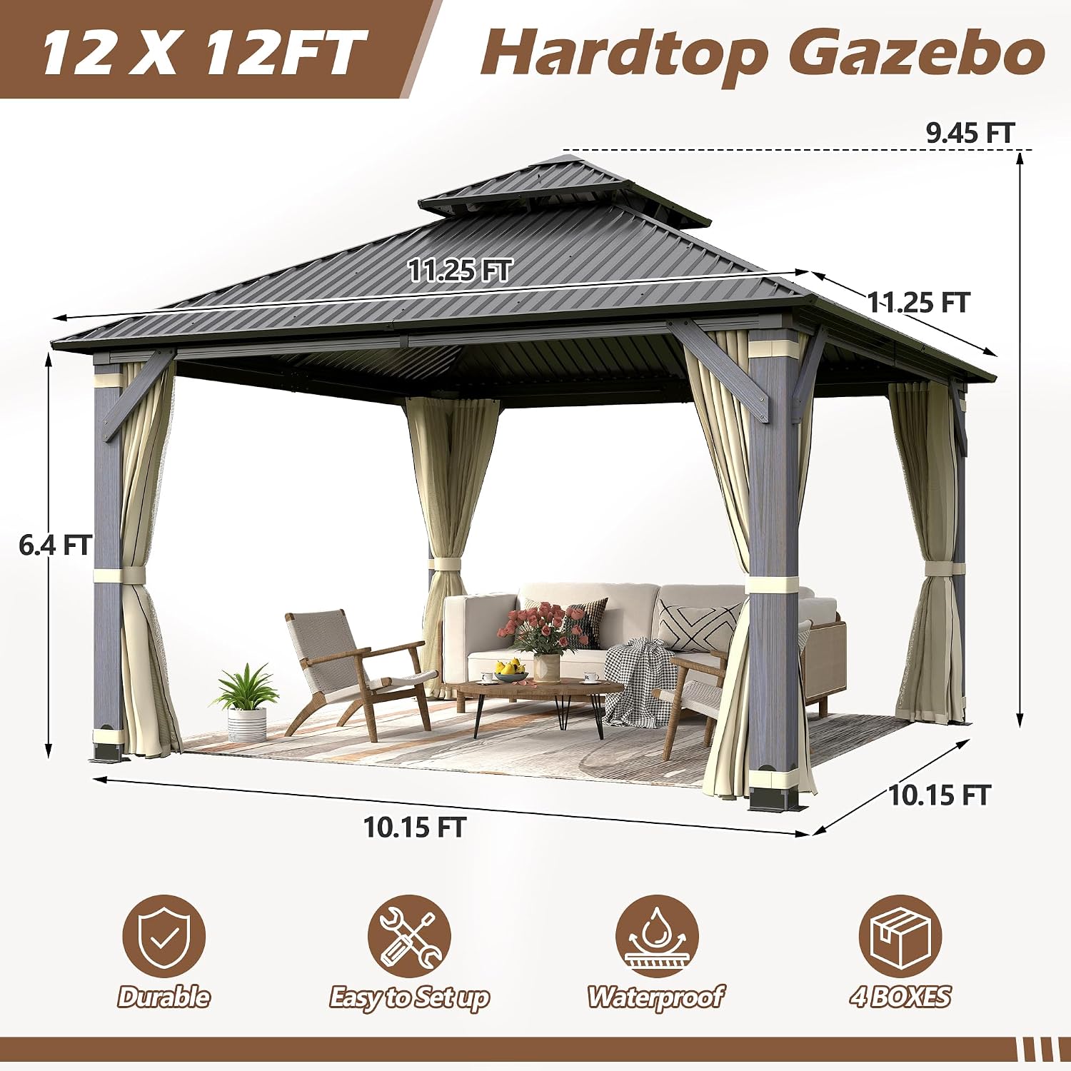 12' x 12' Wood Gazebo, Outdoor Hardtop Gazebo with Wood Posts and Galvanized Steel Doule Roof, Wooden Frame Gazebos with Netting and Curtains for Patio Backyard
