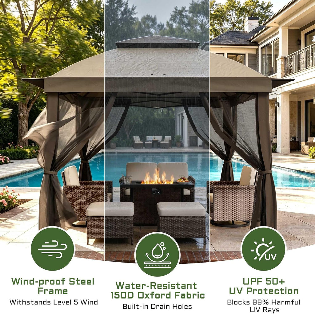 11'X11' Gazebo Pop Up with 4 Sidewalls Mosquito Netting, Heavy Duty Patio Gazebo Canopy Tent with Double Air Roofs for Backyards, Patios, Decks, Gardens, Parks