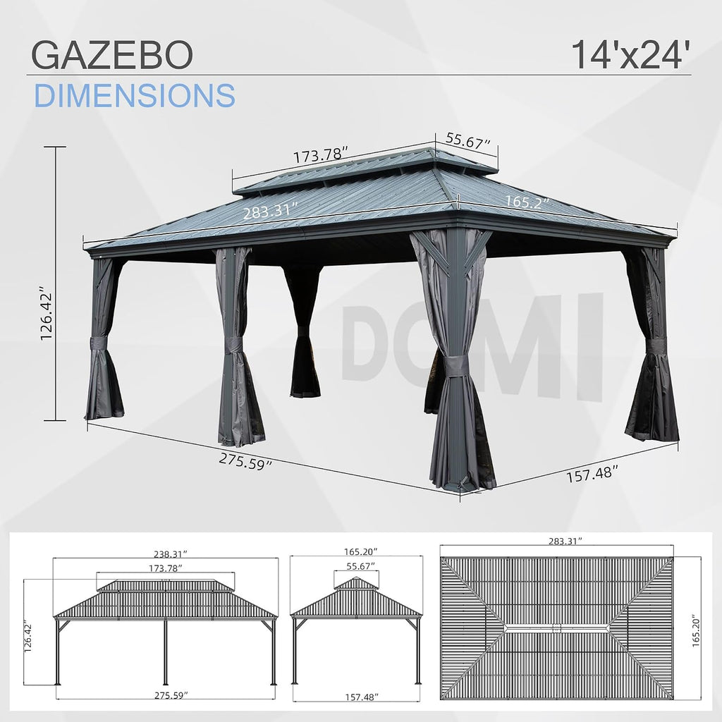 Domi 14' X 24' Hardtop Gazebo, Upgraded Metal Gazebo with Drainage System, Dual-Layer Galvanized Steel Roof, Curtain and Netting, Outdoor Shelter Canopy for Patio, Garden, and Backyard, Grey