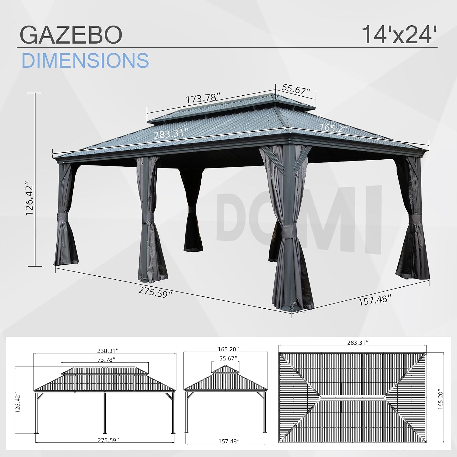 Domi 14' X 24' Hardtop Gazebo, Upgraded Metal Gazebo with Drainage System, Dual-Layer Galvanized Steel Roof, Curtain and Netting, Outdoor Shelter Canopy for Patio, Garden, and Backyard, Grey