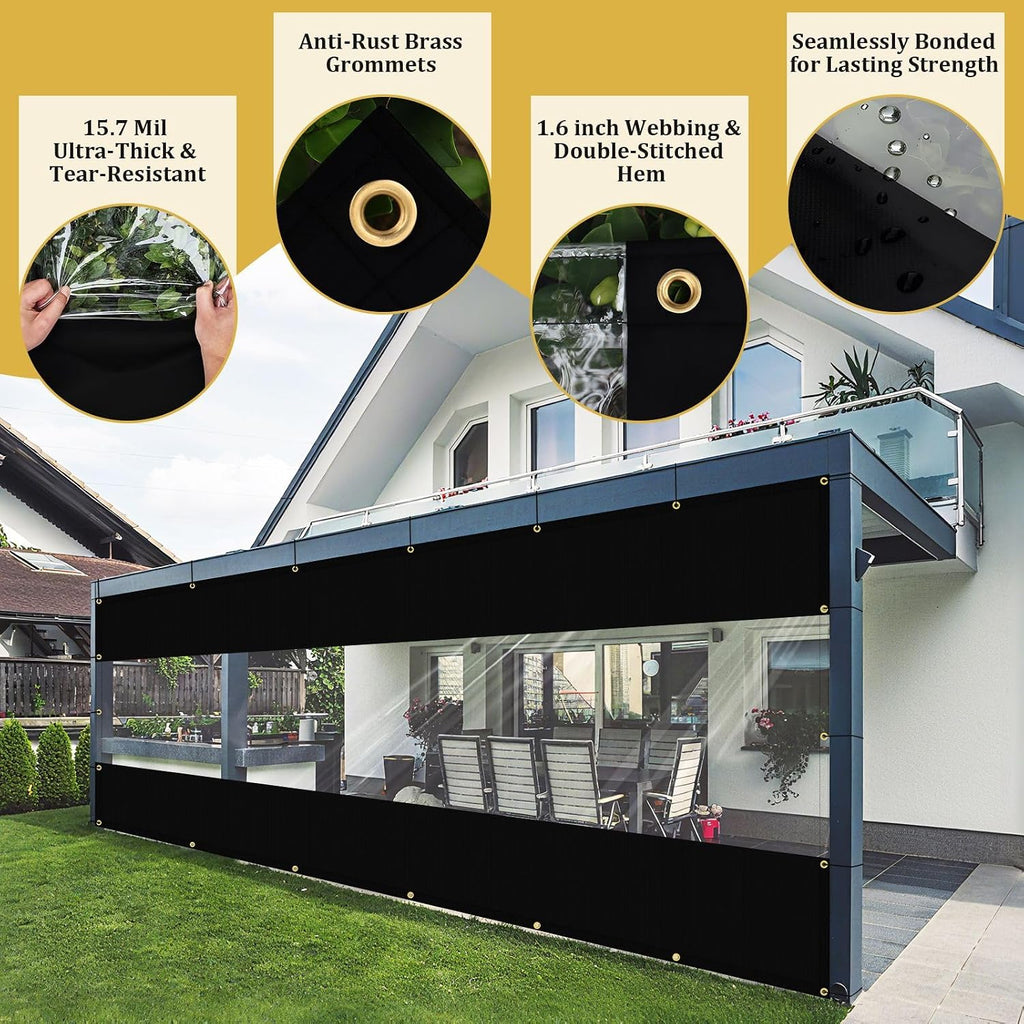Shade&Beyond Outdoor Vinyl Curtain, 4'W x 12'L Heavy Duty Clear Tarp with Grommets Waterproof, Privacy Clear Panel UV-Resistant for Pergola Gazebos Porch Enclosure Patio(Customized Size, Black)