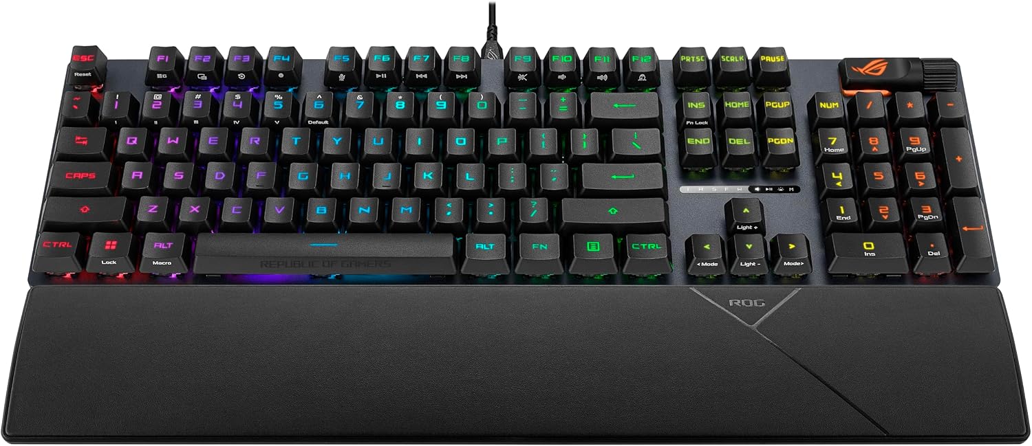 ASUS ROG Strix Scope II Gaming Keyboard, pre-lubed ROG RX Red Linear Optical switches, Sound-dampening Foam, PBT doubleshot keycaps, Streaming hotkeys, Multi-Function Controls, Wrist Rest