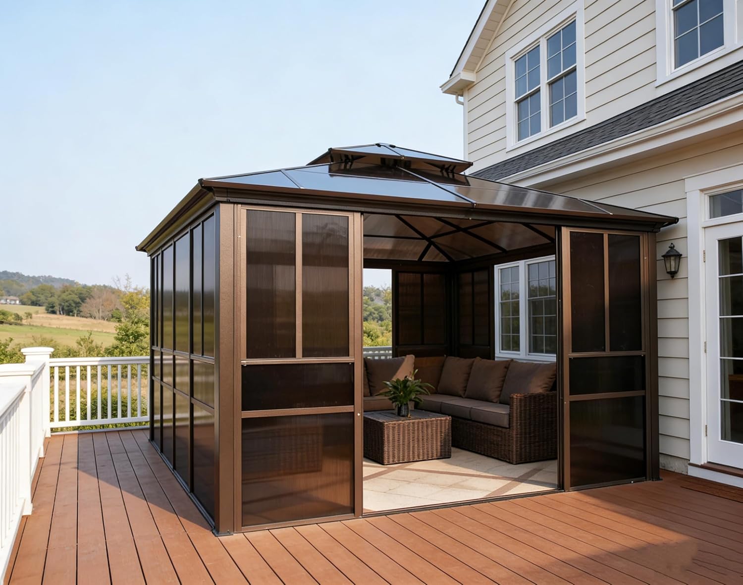 YOLENY 12x14 Sunroom Gazebo, Enclosed Outdoor Solarium with Tinted Polycarbonate Roof, 4 Lockable Sliding Doors & Aluminum Frame, Permanent Hardtop Patio Gazebo for Backyard