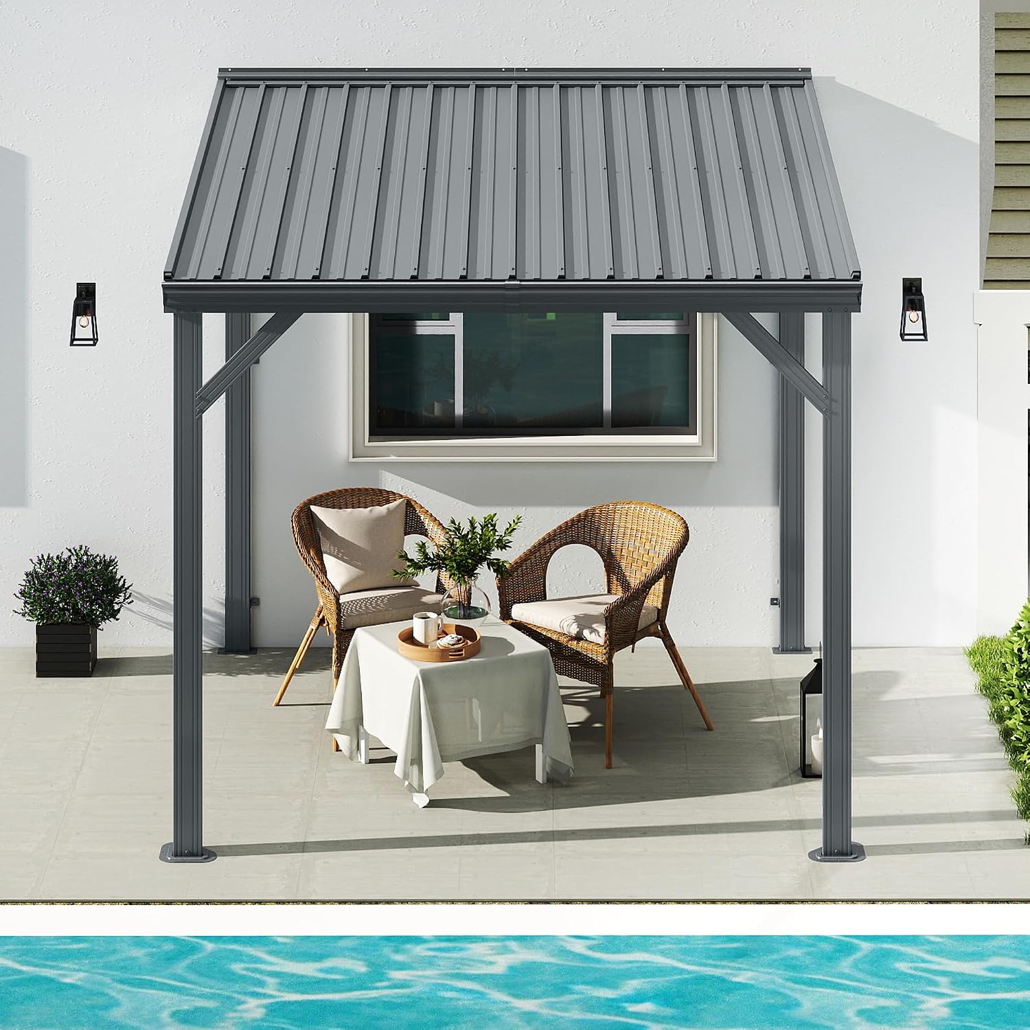 Domi 8x8FT Lean to Gazebo, Outdoor Hardtop Wall Mounted Gazebo with Sloping Galvanized Steel Roof, Upgraded Heavy Duty Mounted Shelter with Drainage System for Deck, Porch, Backyard