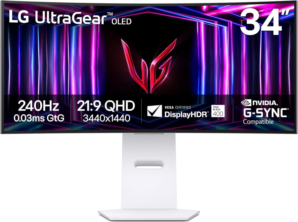 LG 34GS95QE 34-inch Ultragear OLED Curved Gaming Monitor WQHD 1440p 800R 240Hz 0.03ms AMD FreeSync Premium Pro NVIDIA G-Sync HDMI 2.1 DisplayPort Tilt/Height/Swivel Stand White