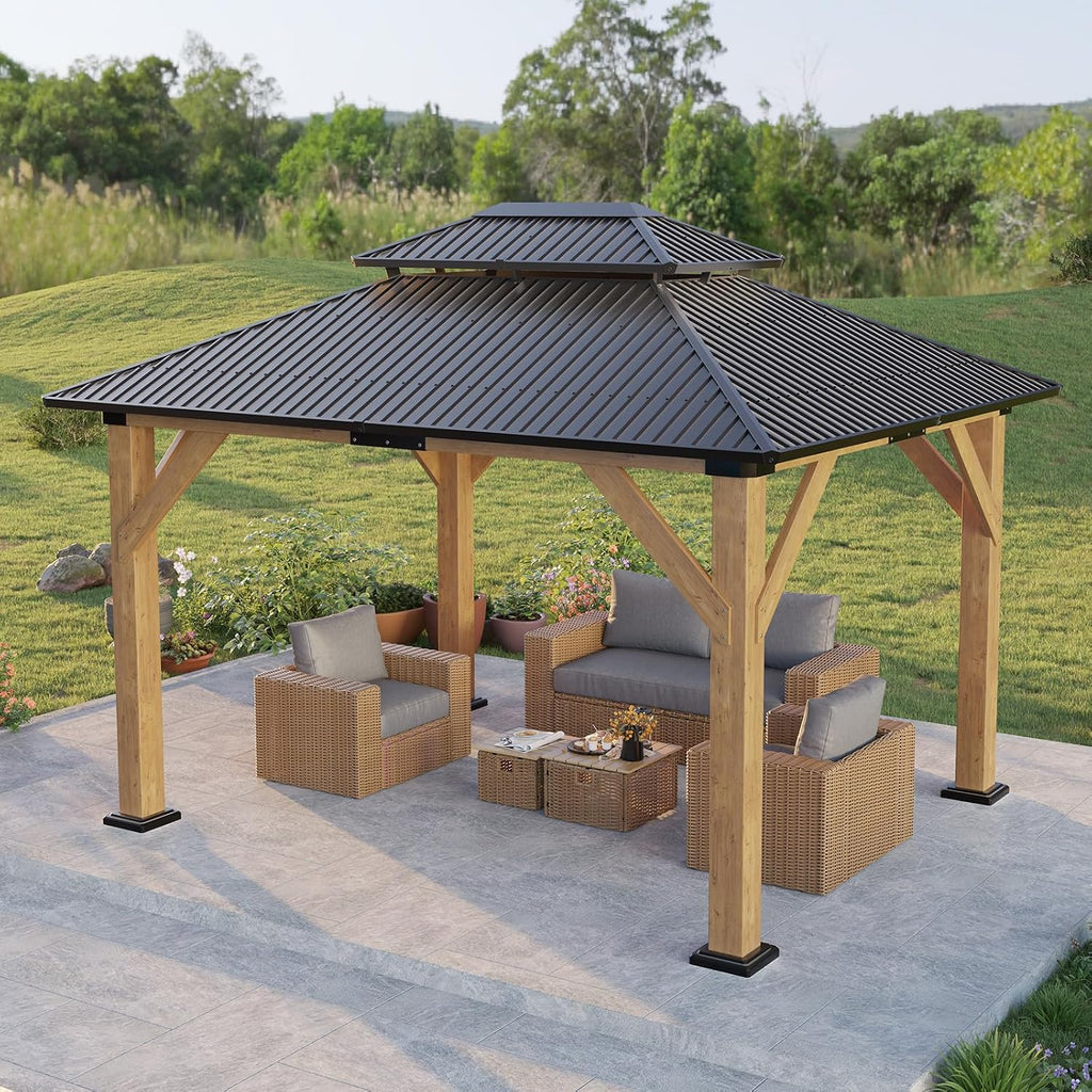 LUXOAK 10x12 FT Wood Gazebo, Outdoor Hardtop Gazebo with Aluminum Double Roof, Outdoor Wooden Pavilion for Parties, Backyard, Patio, Lawns, Black + Natural Wood