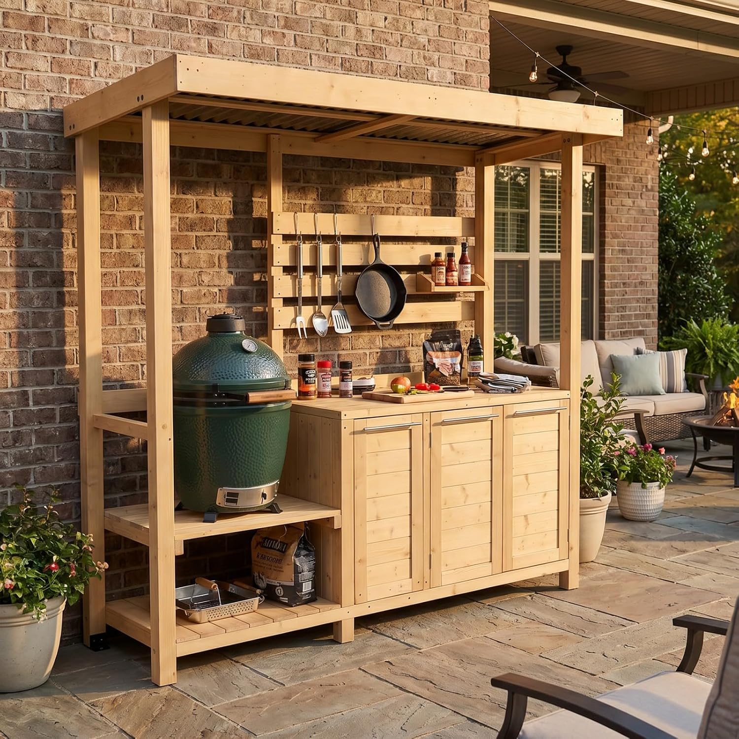 MOUMON 6.7FT Outdoor Grill Gazebo with Trash Bin Cabinet, Cedar Wood BBQ Pavilion with Shelves & Cabinet, Patio Entertain Shade Pavilion for Backyard Garden Beige