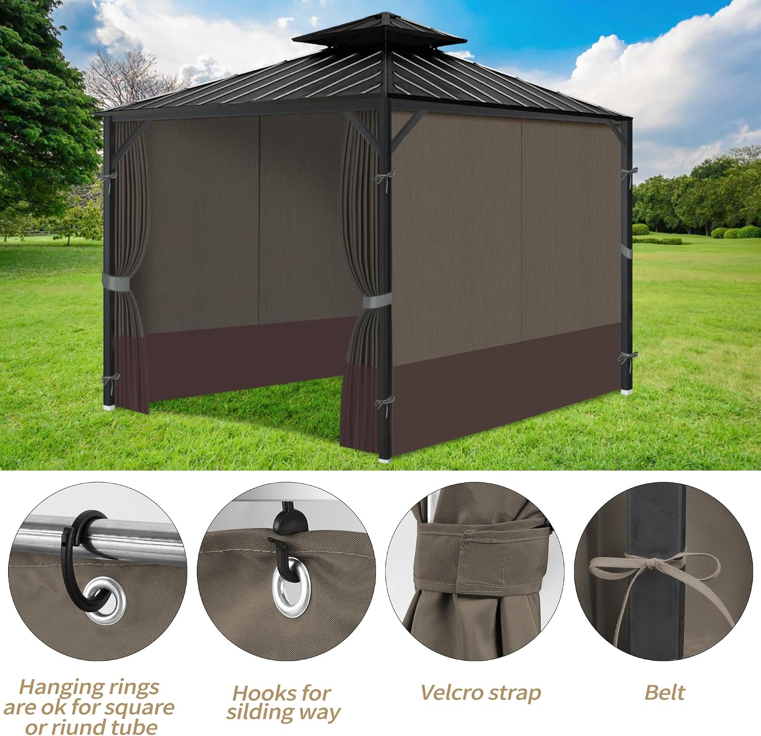 Gazebo Privacy Curtains 10' x 12' with Zipper 4-Panels Side Wall Universal Replacement for Patio, Outdoor Canopy, Garden and Backyard Khaki and Brown (Curtain Only)