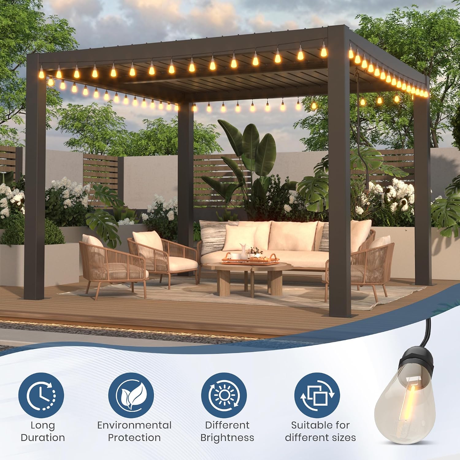 10'×10' Outdoor Louvered Pergola with Clear String Lights, Aluminum Outdoor Louvered Pergola Patio with Adjustable Roof for Outdoor Deck, Backyard, Garden (10x10FT with Light)