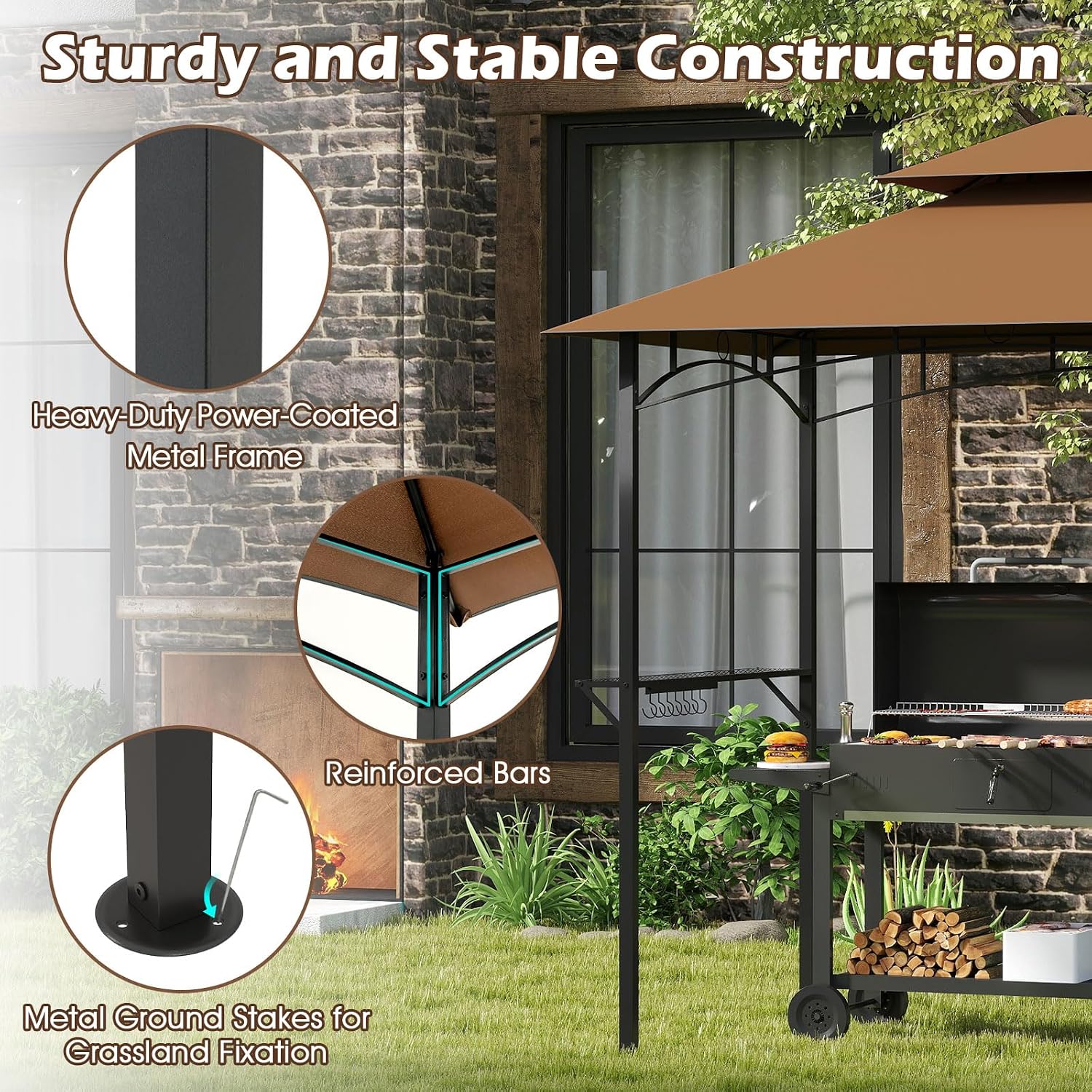 Tangkula 8x5 Ft Grill Gazebo, 2-Tier Barbecue Gazebo with 2 Shelves, 7 Hooks, Metal Frame, Outdoor Grill Canopy for Backyard Garden Poolside (Coffee)