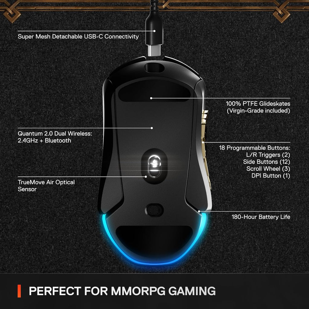 SteelSeries Aerox 9 Wireless: World of Warcraft Edition — Free in-Game Item — MMO Gaming Mouse — 18 Programmable Buttons — Lightweight — Bluetooth/2.4GHz — 18K DPI TrueMove Air Sensor (Renewed)
