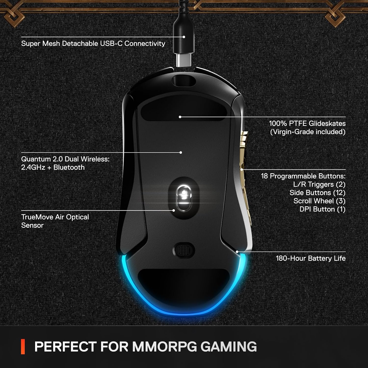 SteelSeries Aerox 9 Wireless: World of Warcraft Edition — Free in-Game Item — MMO Gaming Mouse — 18 Programmable Buttons — Lightweight — Bluetooth/2.4GHz — 18K DPI TrueMove Air Sensor (Renewed)