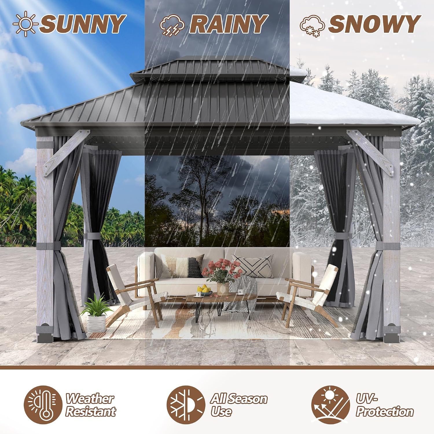 10x12FT Wood Gazebo,Outdoor Wooden Hardtop Gazebo with Galvanized Steel Doule Roof,Cedar Wood Frame Gazebos with Netting &Curtainfor Patio Backyard Deck