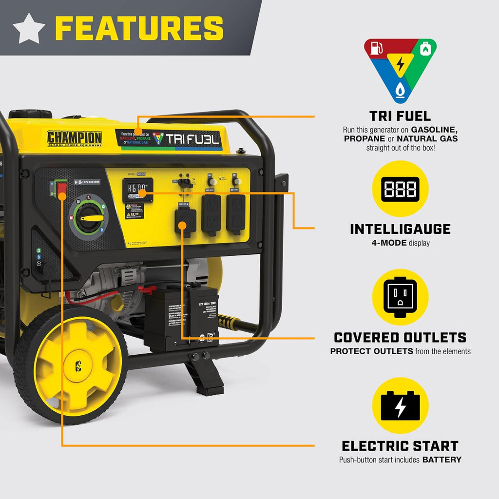 Champion Power Equipment 8125-Watt Electric Start Tri-Fuel Portable Generator with CO Shield