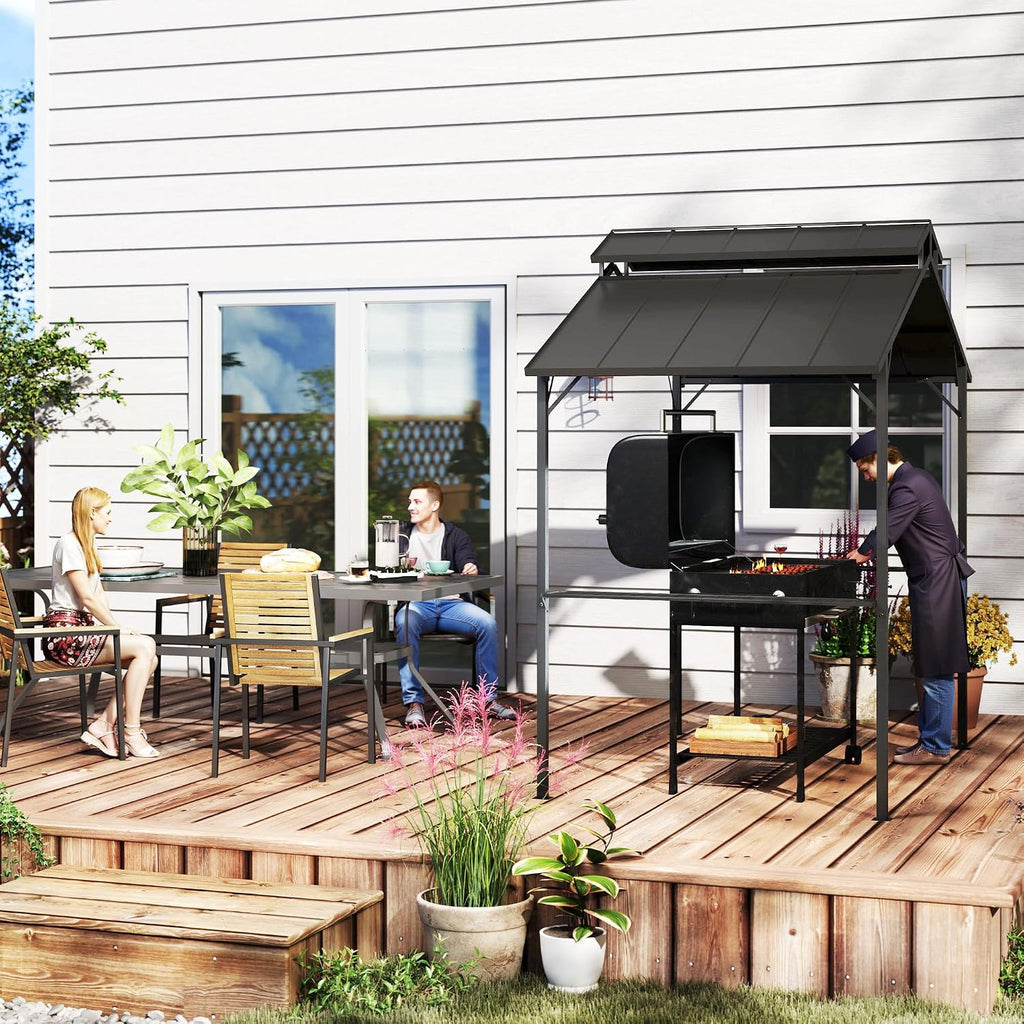 Outsunny 8' x 5' Hardtop Grill Gazebo, Outdoor BBQ Gazebo with Double Metal Roof, 2 Side Shelves and 10 Hooks, Grill Canopy for Patio Backyard Lawn Deck