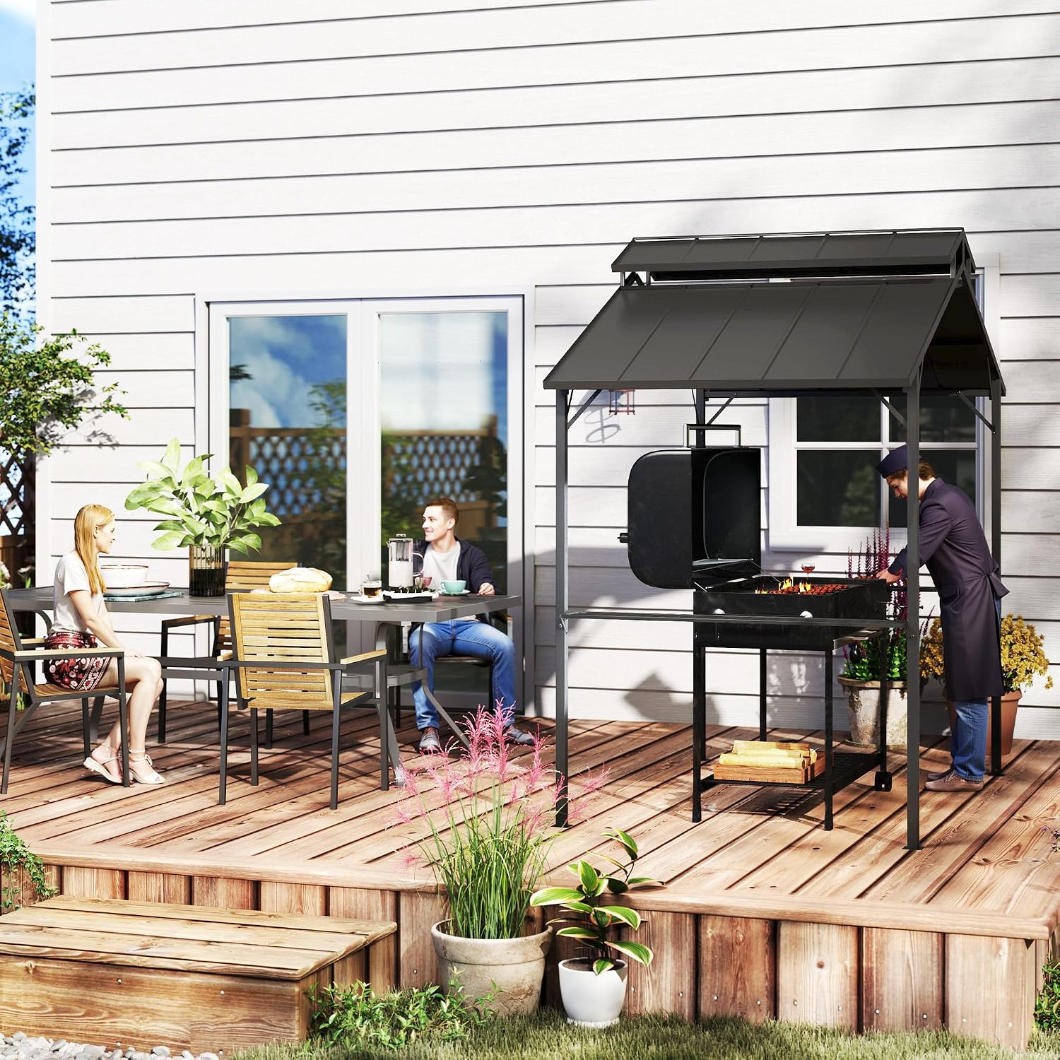 Outsunny 8' x 5' Hardtop Grill Gazebo, Outdoor BBQ Gazebo with Double Metal Roof, 2 Side Shelves and 10 Hooks, Grill Canopy for Patio Backyard Lawn Deck