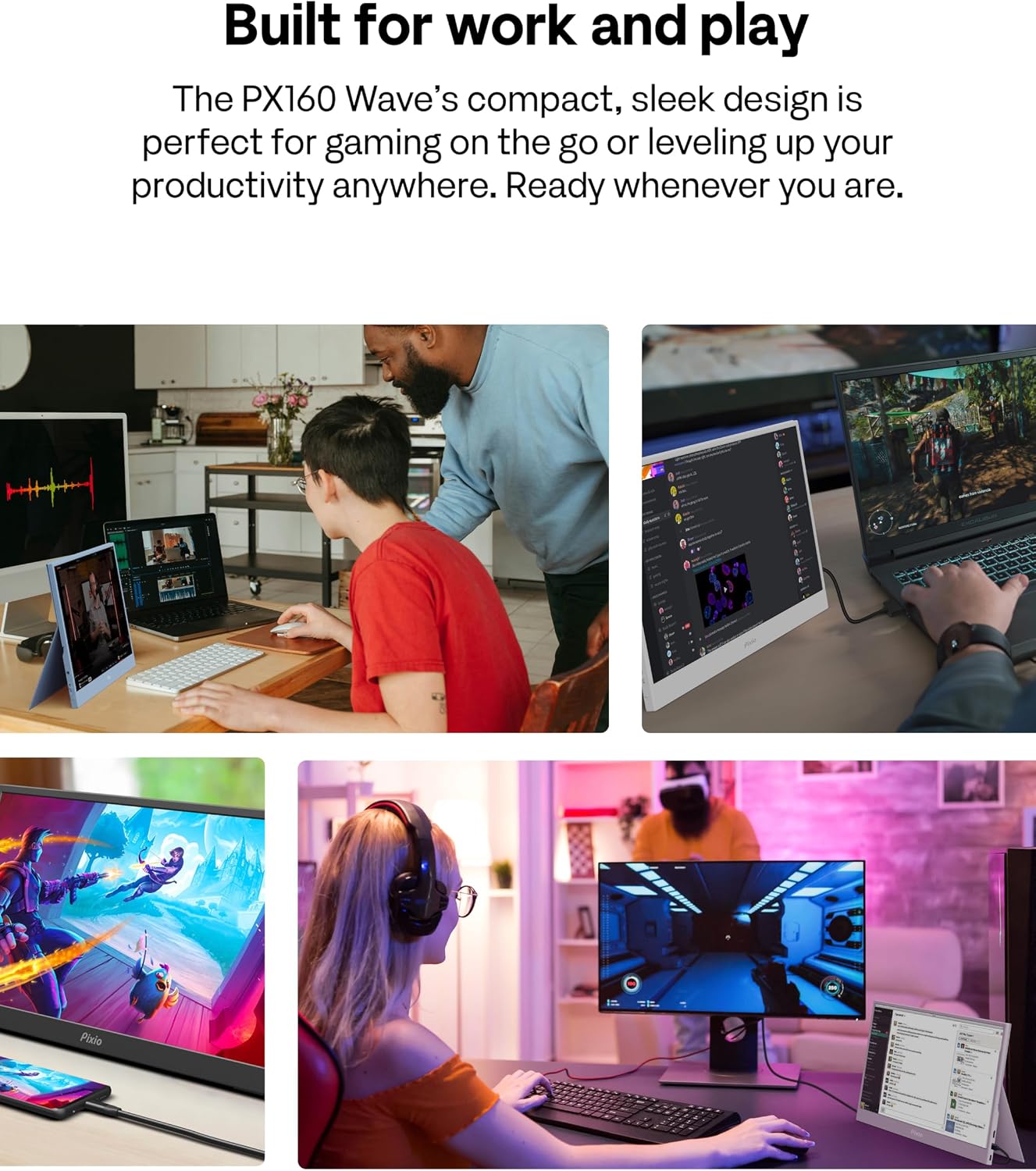 Pixio PX160 Wave Purple Portable Monitor 15.6 inch 60Hz FHD 1080p IPS Panel HDR Screen Cover Stand USB-C HDMI Laptop Screen Extender Portable Monitor for Laptop, PC, Console, Phone