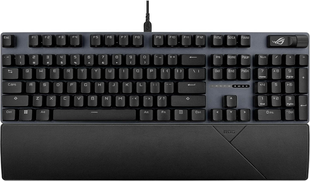 ASUS ROG Strix Scope II Gaming Keyboard, pre-lubed ROG NX Snow Linear Mechanical switches, Sound-dampening Foam, PBT doubleshot keycaps, Streaming hotkeys, Multi-Function Controls, Wrist Rest