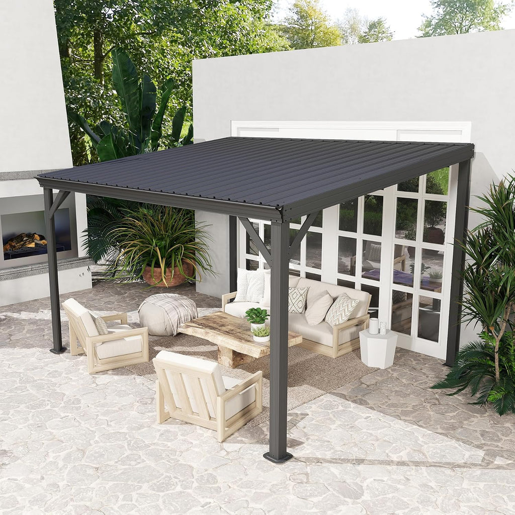 8x10FT Lean to Gazebo, Outdoor Metal Hardtop Wall Mounted Gazebo with Gutter & Sloping Galvanized Steel Roof, Hard Top Awnings/Shelter for Deck, Porch, Backyard