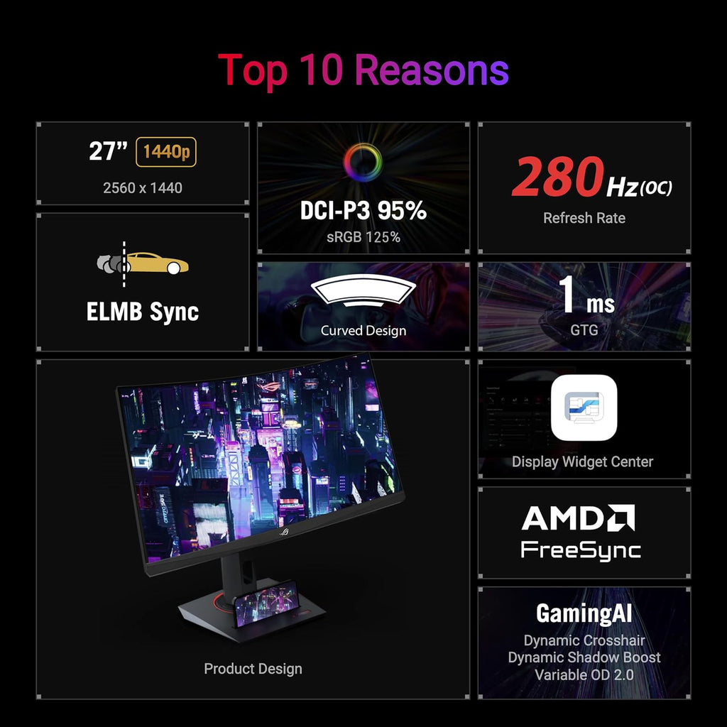 ASUS ROG Strix 27' 1440P USB-C Curved HDR Gaming Monitor (XG27WCMS) - QHD, 280Hz, 1ms, Fast VA, Extreme Low Motion Blur Sync, FreeSync Premium, DisplayWidget, Tripod Socket, AI Gaming, 3yr Warranty