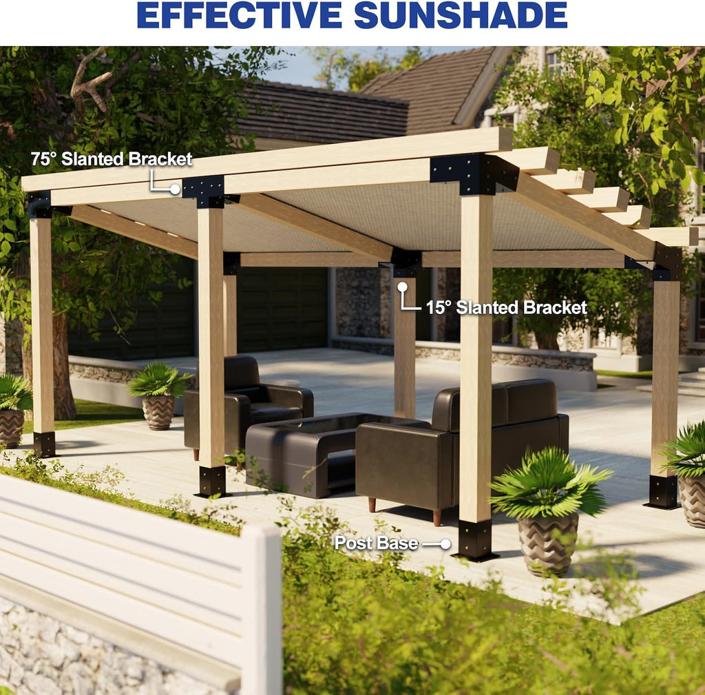 Pergola Kit, Slanted Roof Pergola Bracket, 4-Way Brackets with Post Base Kit, Log Cabin Outdoor 4'x 4' (Actual 3.5' X 3.5') Lumber