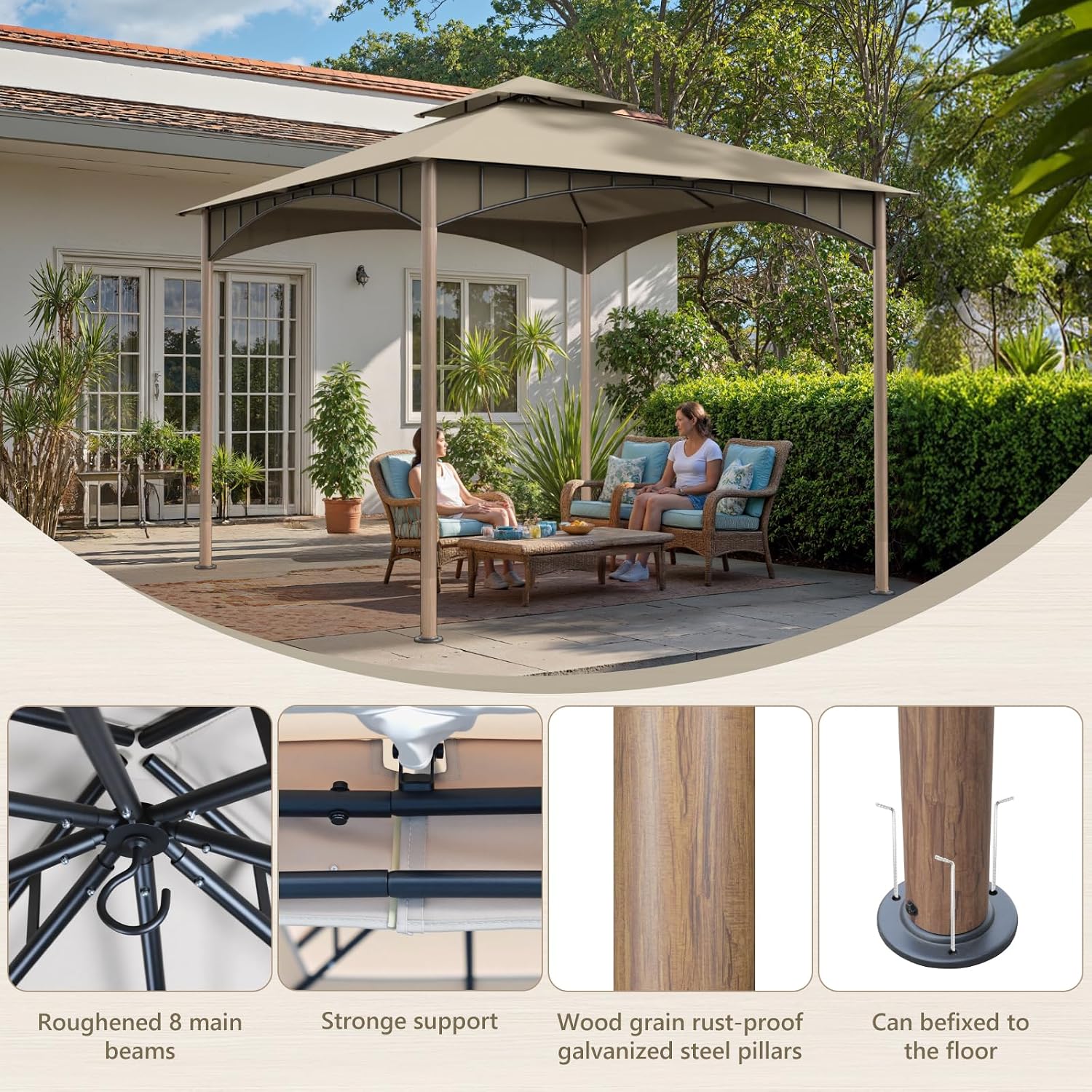 Sannwsg Outdoor Patio Gazebo 10x10 FT, Soft Top Gazebo Canopy with Double Roof, Metal Frame, for Backyard, Deck & Lawn, Wood Grain Posts