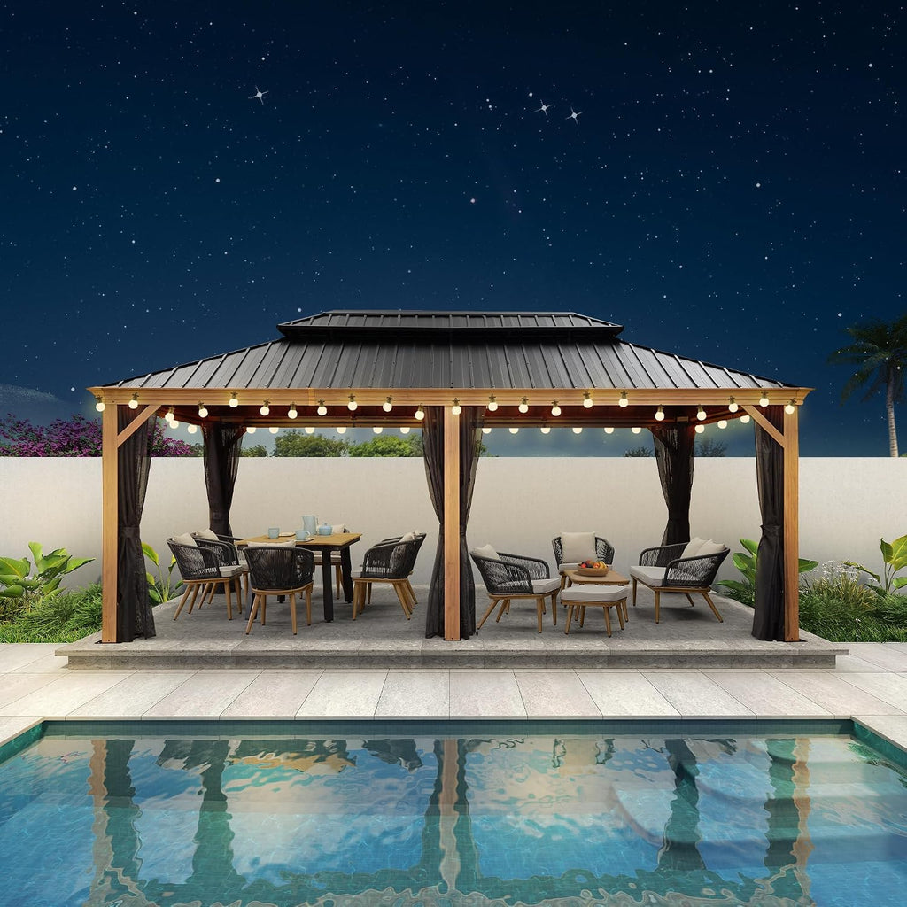 PURPLE LEAF 12' X 20' Outdoor Hardtop Gazebo for Patio Galvanized Steel Double Roof Permanent Canopy Teak Finish Coated Aluminum Frame Pavilion Gazebo with Netting and Lights
