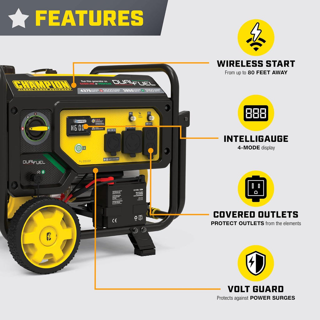Champion Power Equipment 4375-Watt Wireless Start Dual Fuel RV Ready Portable Generator with CO Shield