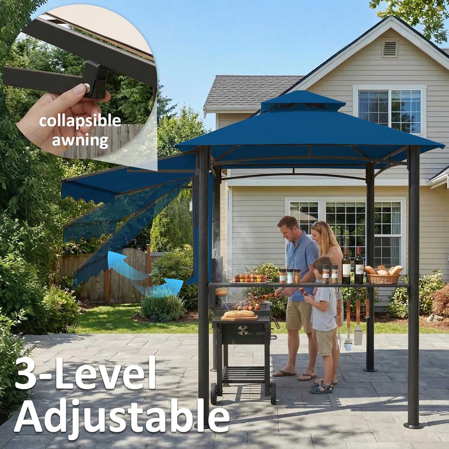 CHARMELEON 8x8 FT Grill Gazebo, Grill Canopy with Big Awning&2 Side Shelves&6 Hooks&Bottle Opener, Powder-Coated Steel BBQ Shelter for Patio Backyard Outdoor Grilling-Blue