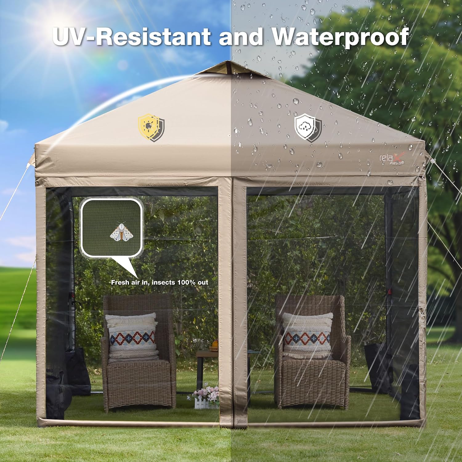 10x10 Pop Up Canopy Tent with Mosquito Netting, Outdoor Portable Screen Tent for Yard, Party, Camping and Picnic, 3 Height Positions, Patio Gazebo with Roller Bag and 4 Sandbags, Khaki