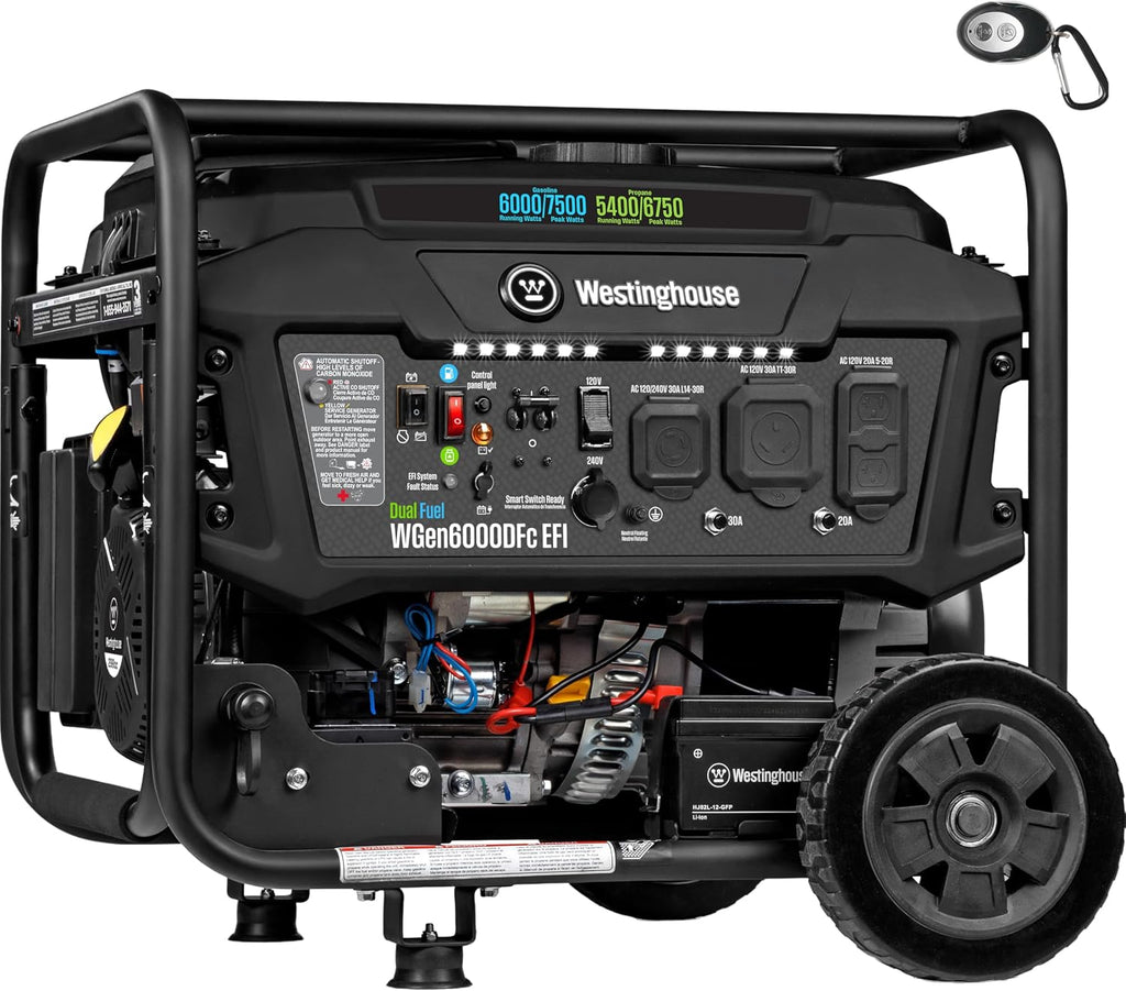 Westinghouse 7500 Peak Watt EFI Dual Fuel Home Backup Portable Generator, Remote Electric Start, Transfer Switch Ready, Gas and Propane Powered, CO Sensor, CARB Compliant