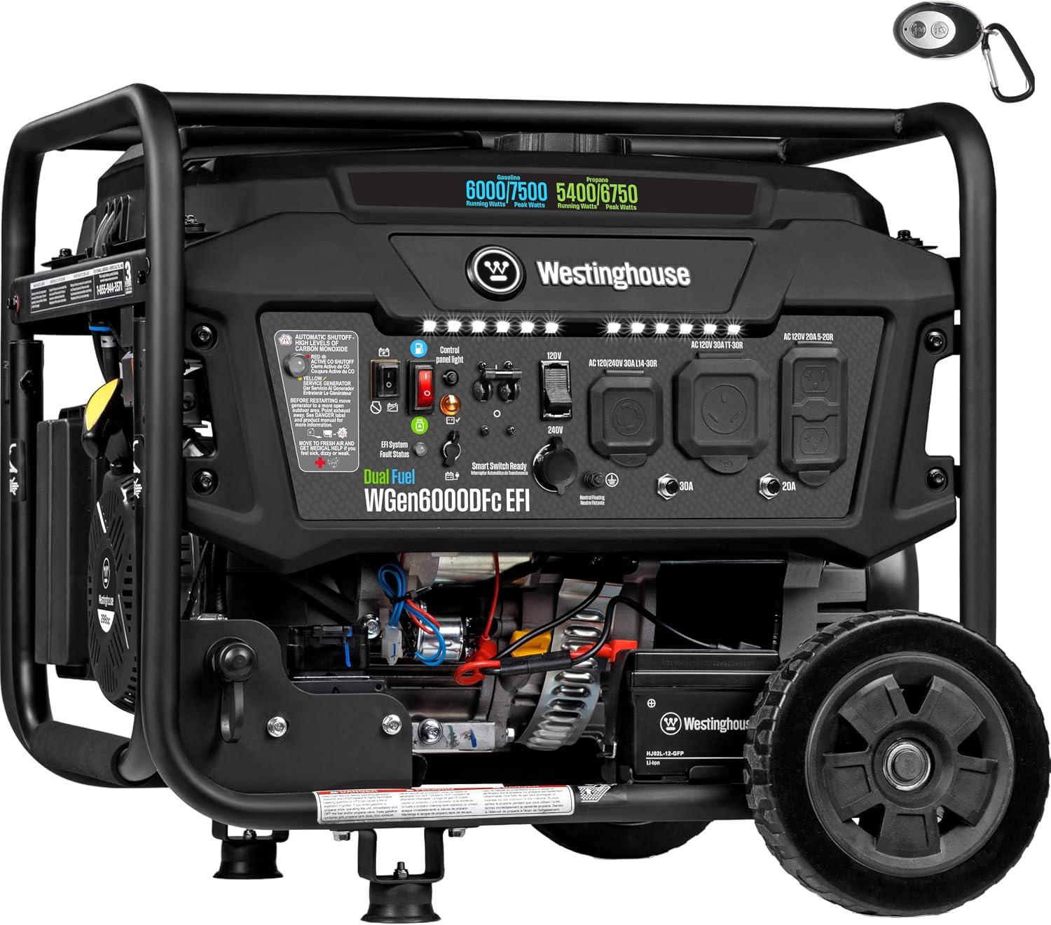 Westinghouse 7500 Peak Watt EFI Dual Fuel Home Backup Portable Generator, Remote Electric Start, Transfer Switch Ready, Gas and Propane Powered, CO Sensor, CARB Compliant