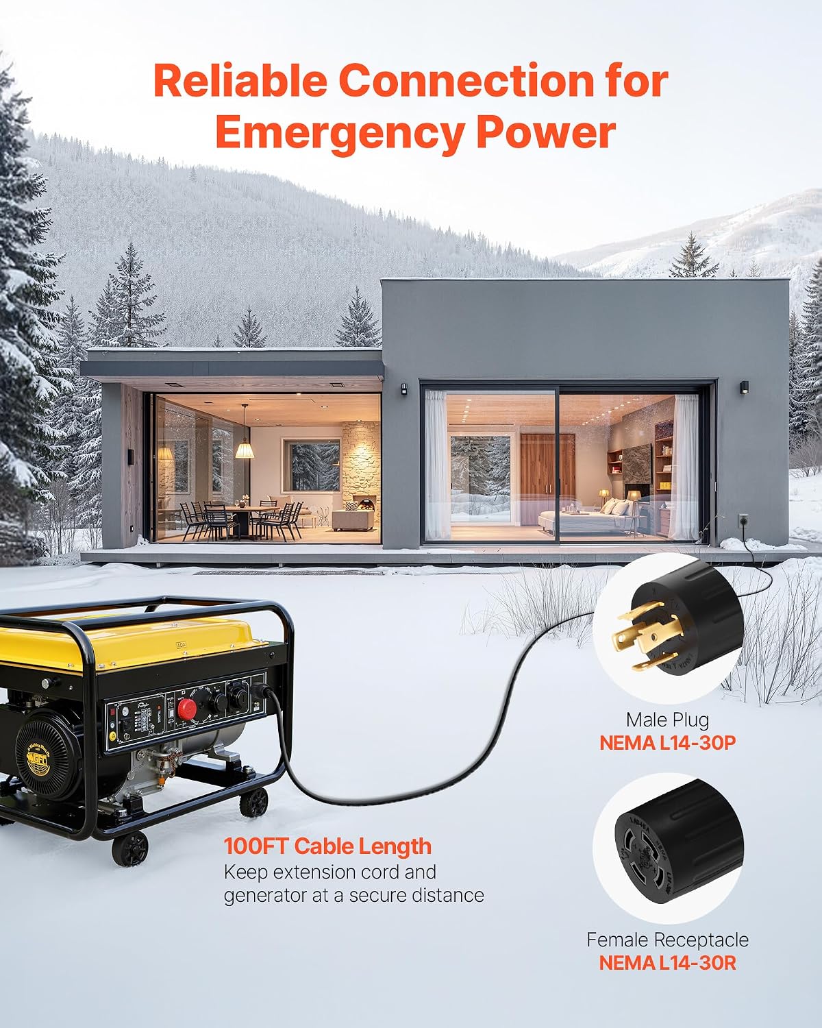 VEVOR 30 Amp Generator Cord and Power Inlet Box, 100 FT, 125/250V NEMA L14-30P to L14-30R Heavy Duty Extension Power Cord, SJTW 10AWG 7500W, Pre-Drilled Inlet Box, for Generator to House, ETL Listed