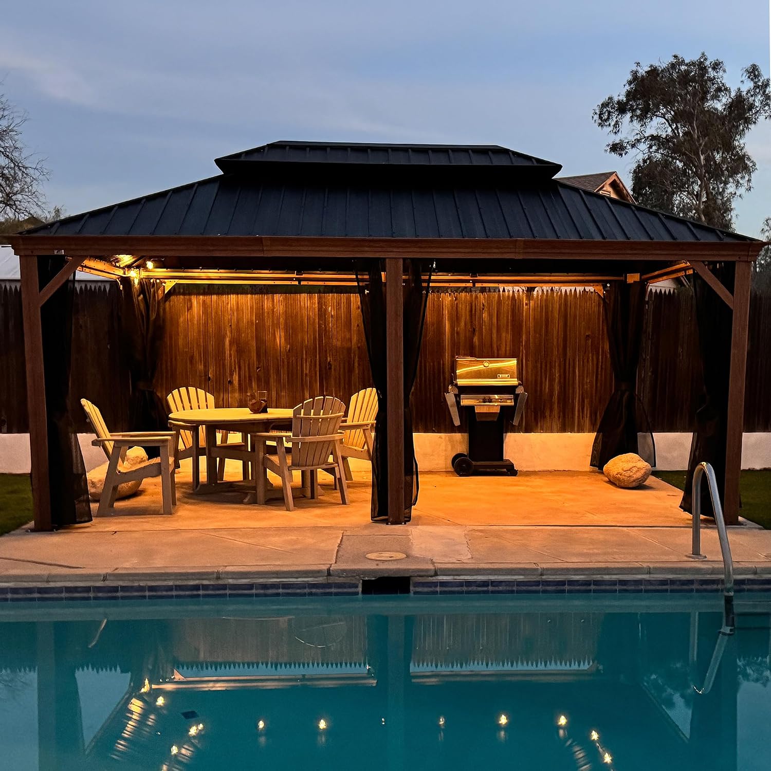 PURPLE LEAF 12' X 20' Outdoor Hardtop Gazebo for Patio Galvanized Steel Double Roof Permanent Canopy Teak Finish Coated Aluminum Frame Pavilion Gazebo with Netting and Lights