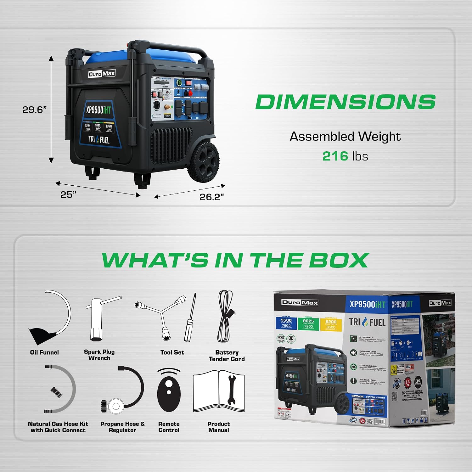 DuroMax XP9500iHT 9,500-Watt Tri Fuel Portable Digital Inverter Generator - Gas, Propane & Natural Gas, Remote Electric Start, Whole Home Power Backup, Transfer Switch Ready, RV & Emergency Ready