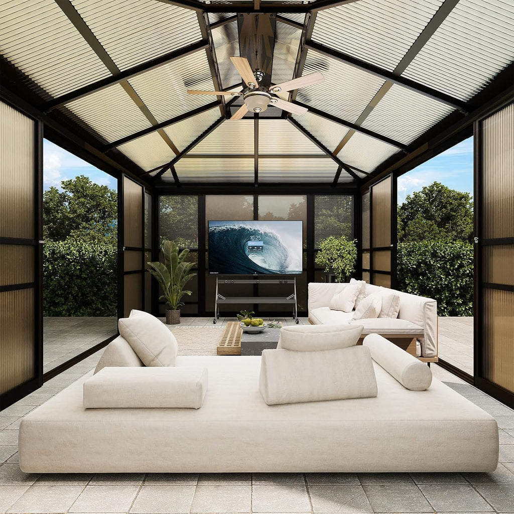 YOLENY 12x14 Sunroom Gazebo, Enclosed Outdoor Solarium with Tinted Polycarbonate Roof, 4 Lockable Sliding Doors & Aluminum Frame, Permanent Hardtop Patio Gazebo for Backyard