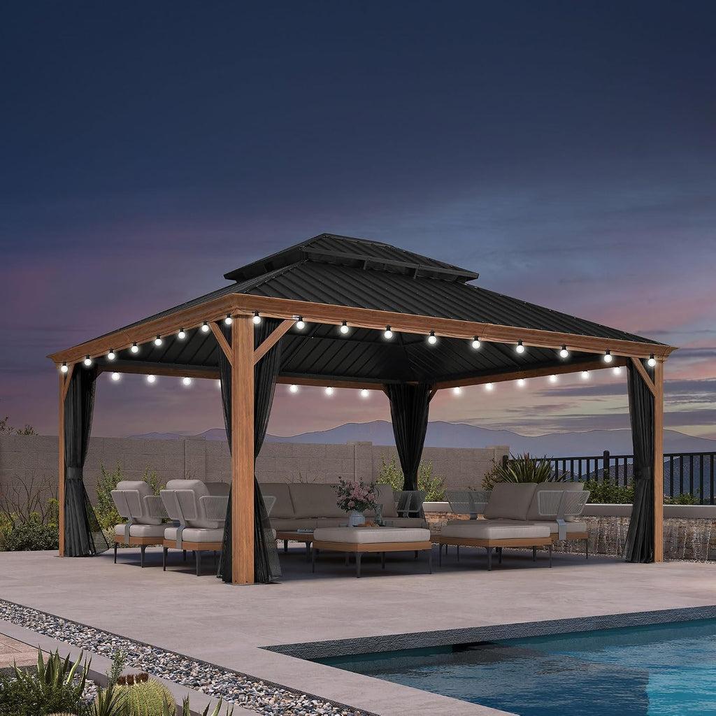PURPLE LEAF 14' X 16' Outdoor Hardtop Gazebo for Patio Galvanized Steel Double Roof Permanent Canopy Teak Finish Coated Aluminum Frame Pavilion Gazebo with Netting and Lights