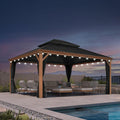PURPLE LEAF 14' X 16' Outdoor Hardtop Gazebo for Patio Galvanized Steel Double Roof Permanent Canopy Teak Finish Coated Aluminum Frame Pavilion Gazebo with Netting and Lights