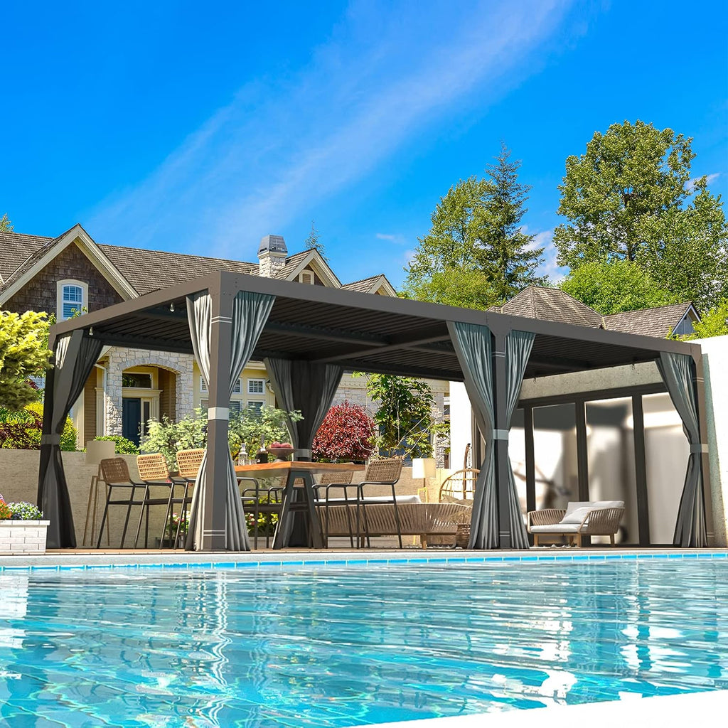 EROMMY Louvered Pergola 10x20, Outdoor Aluminum Pergola with Adjustable Rainproof Roof for Garden, Patio, Deck, Waterproof Curtains and Netting Included, Gray-Black