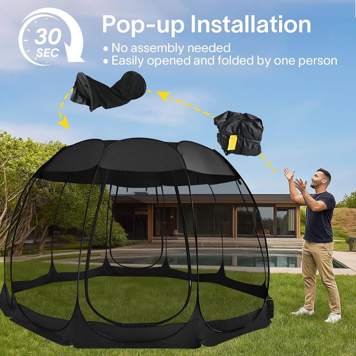 Alvantor® Pop Up Screen House, Outdoor Mosquito Mesh Tent with UV Resistant, Pop Up Canopy Easy Up, Foldable Screen Room for Camping,Backyard, Garden, Patio(Black, 15x15 FT)