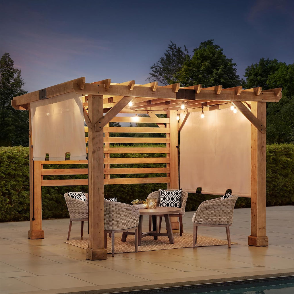 Sunjoy Cedar Pergola 10 x 11 ft. Wooden Hot Tub Pergola with Adjustable Canopy and Privacy Screen by SummerCove