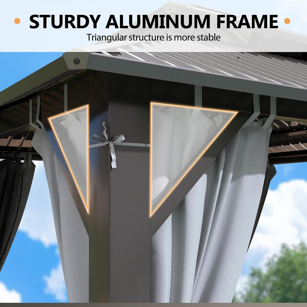 8.5'x8.5' Hardtop Gazebo, Outdoor Double Roof Galvanized Steel Gazebo, Aluminum Frame Permanent Pavilion with Curtains & Netting for Backyard, Patio, Deck (Galvanized Steel Top, 8.5x8.5 FT)