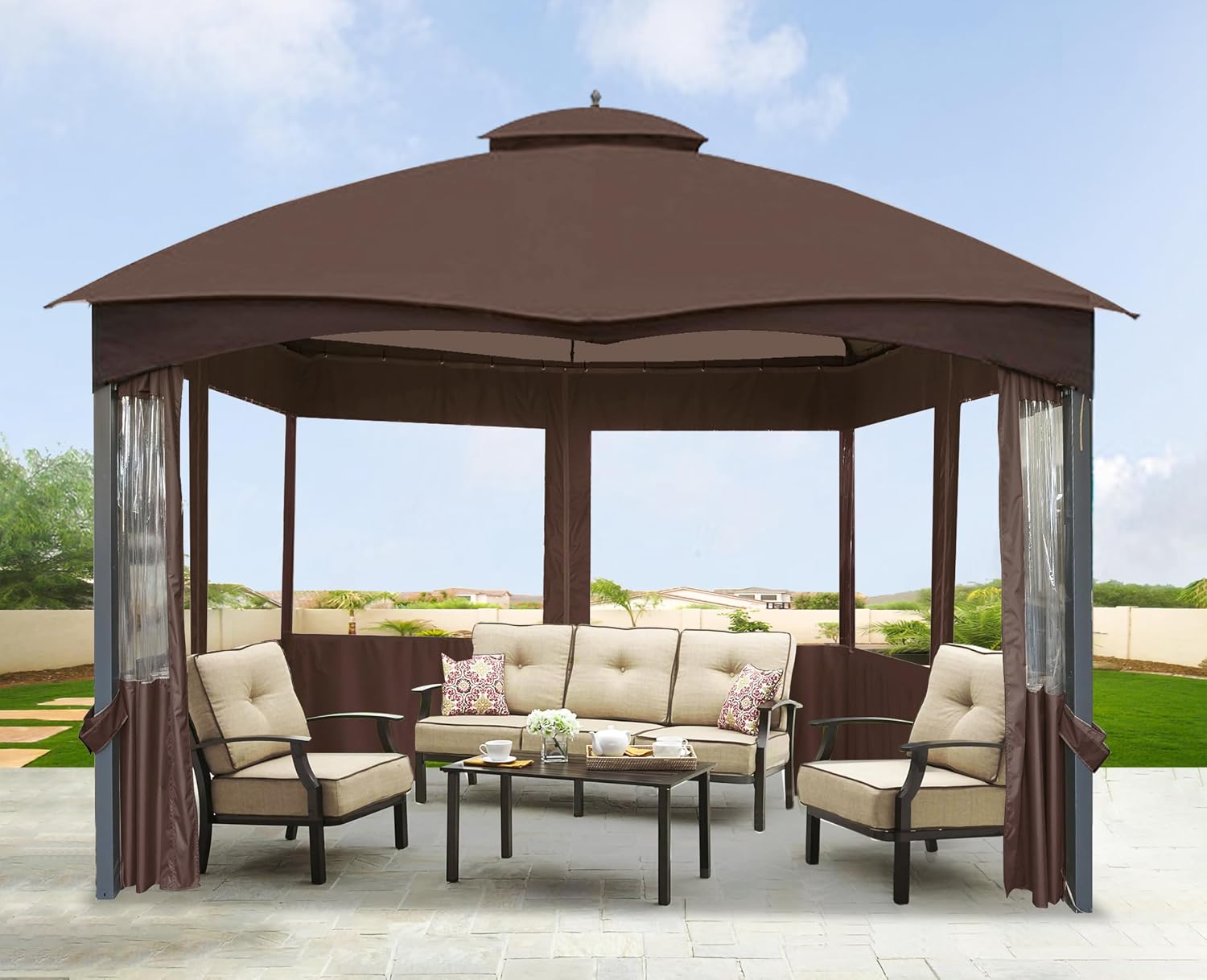 SCOCANOPY 10' x 12' Clear Window Gazebo Privacy Curtain Set for Lowe's Allen Roth 10X12 Gazebo Model #GF-12S004B-1 / GF-12S004BTO/ TPGAZ17-002,(Brown)
