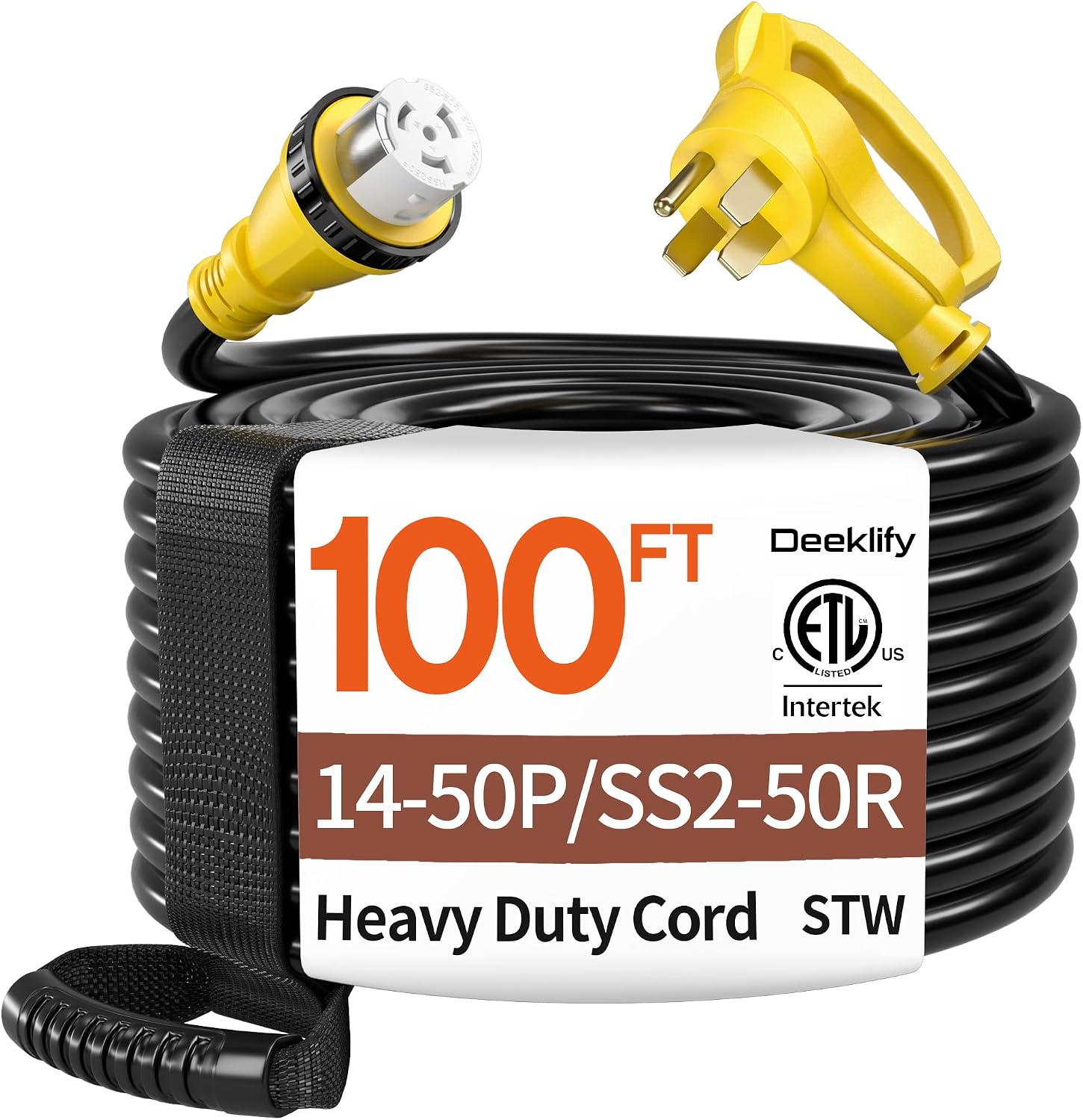 100FT 40 Amp Generator Cord, NEMA 14-50P/SS2-50R Heavy-Duty 4 Conductors Cable, Pure Copper STW RV Extension Cord, Female Plug with Twist Lock, Suitable for RV or Camper, ETL Listed