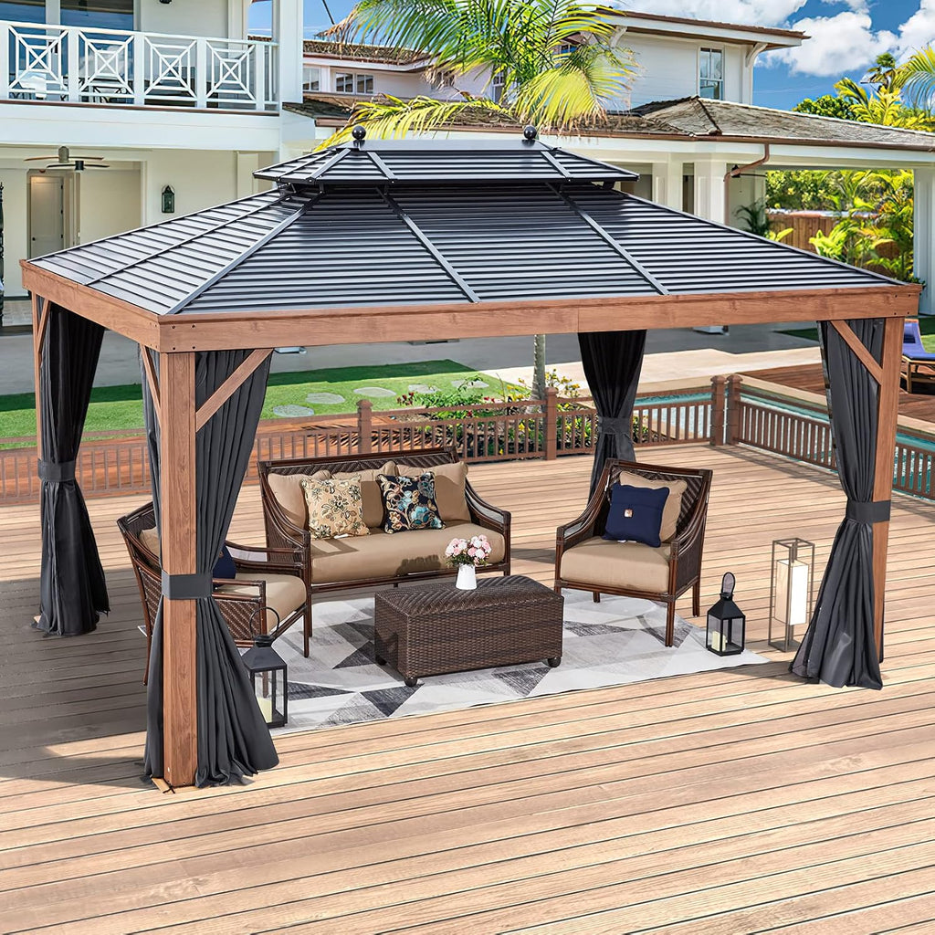 YOLENY 10' x 13' Hardtop Gazebo Faux Wood Grain with Aluminum Frame, Galvanized Steel Double Roof, Outdoor Patio Gazebo with Netting and Curtains for Backyard, Patio, Lawns