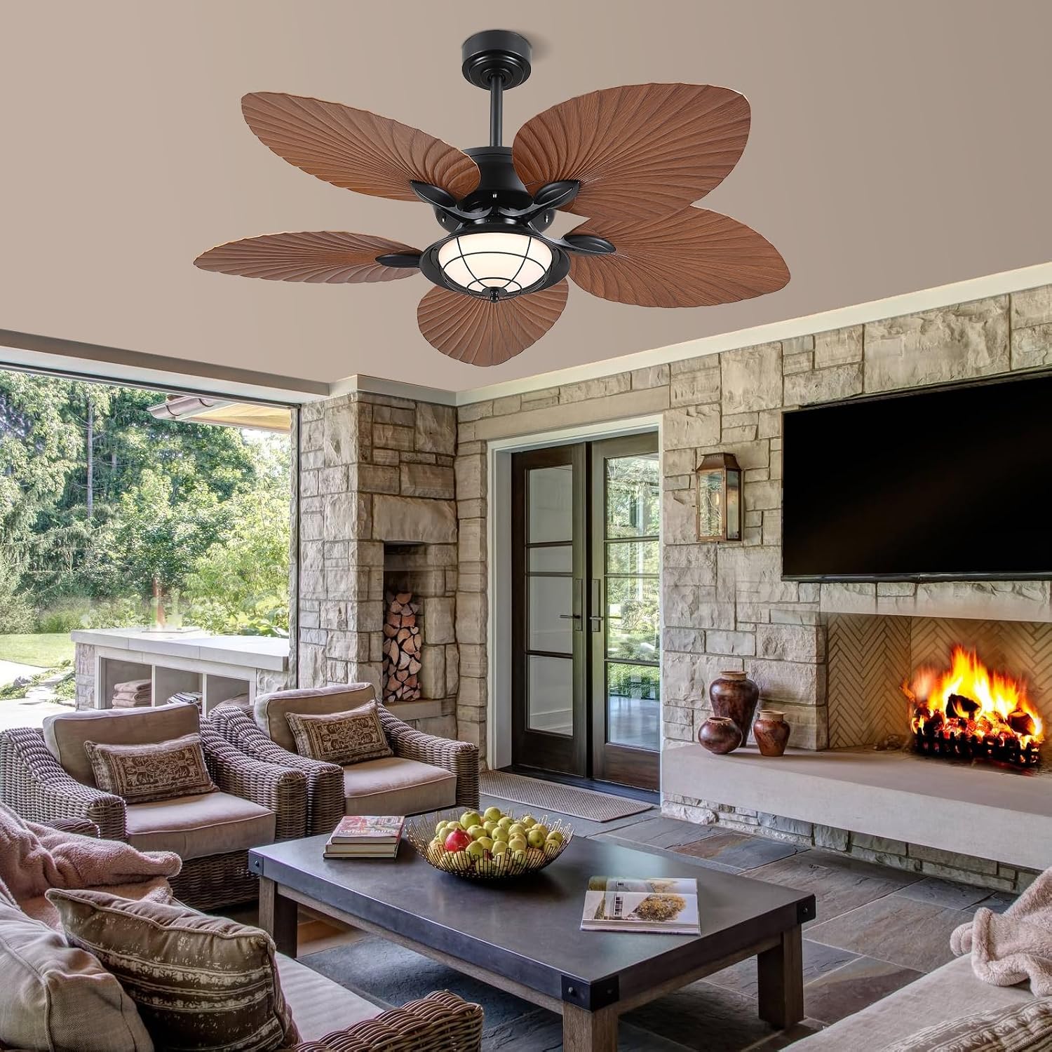 PHORUS 52' Waterproof Outdoor Palm Leaf Ceiling Fans with Lights and Remote,Wet Rated Tropical Ceiling Fans for Patios Porch Gazebo Pergola