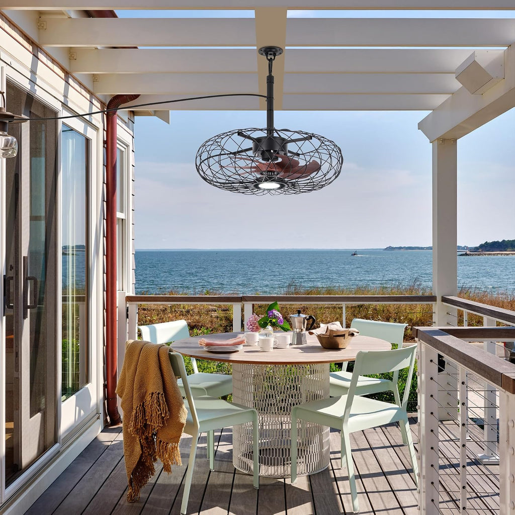Miuyhji Black Outdoor Ceiling Fans with LED Light, 20' Waterproof Gazebo Fan Plug in Caged Industrial Fandelier Ceiling Fan with Remote, 6 Speeds Adjustable Height Fan for Bedroom Living Room Pergola