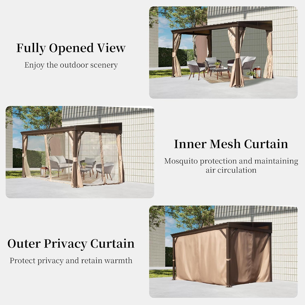 Domi 8x12FT Lean to Gazebo, Outdoor Hardtop Wall Mounted Gazebo with Sloping Galvanized Steel Roof, Aluminum Frame Mounted Pavilion with Netting and Curtain Included for Deck, Porch, Backyard